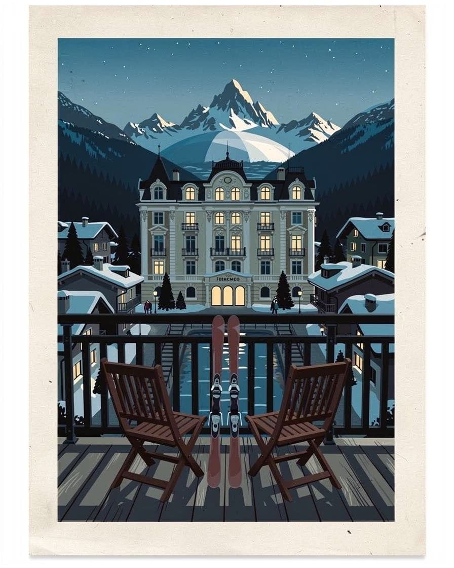Illustration&nbsp;: Balcon d'appartement à Argentière avec vue sur l'Aiguille Verte enneigée, chaises en bois et skis posés contre la rambarde