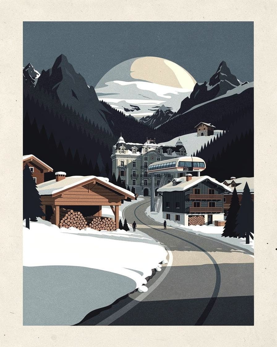 Illustration&nbsp;: Chalets d'Argentière sous la neige au pied de l'Aiguille Verte, petite route enneigée qui monte vers la télécabine des Grands Montets