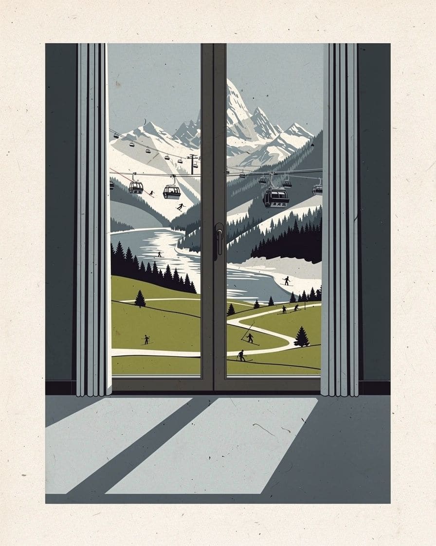 Illustration&nbsp;: Village d'Argentière en fin de saison, prés qui reverdissent en bas et neige encore épaisse sur les pentes des Grands Montets au-dessus