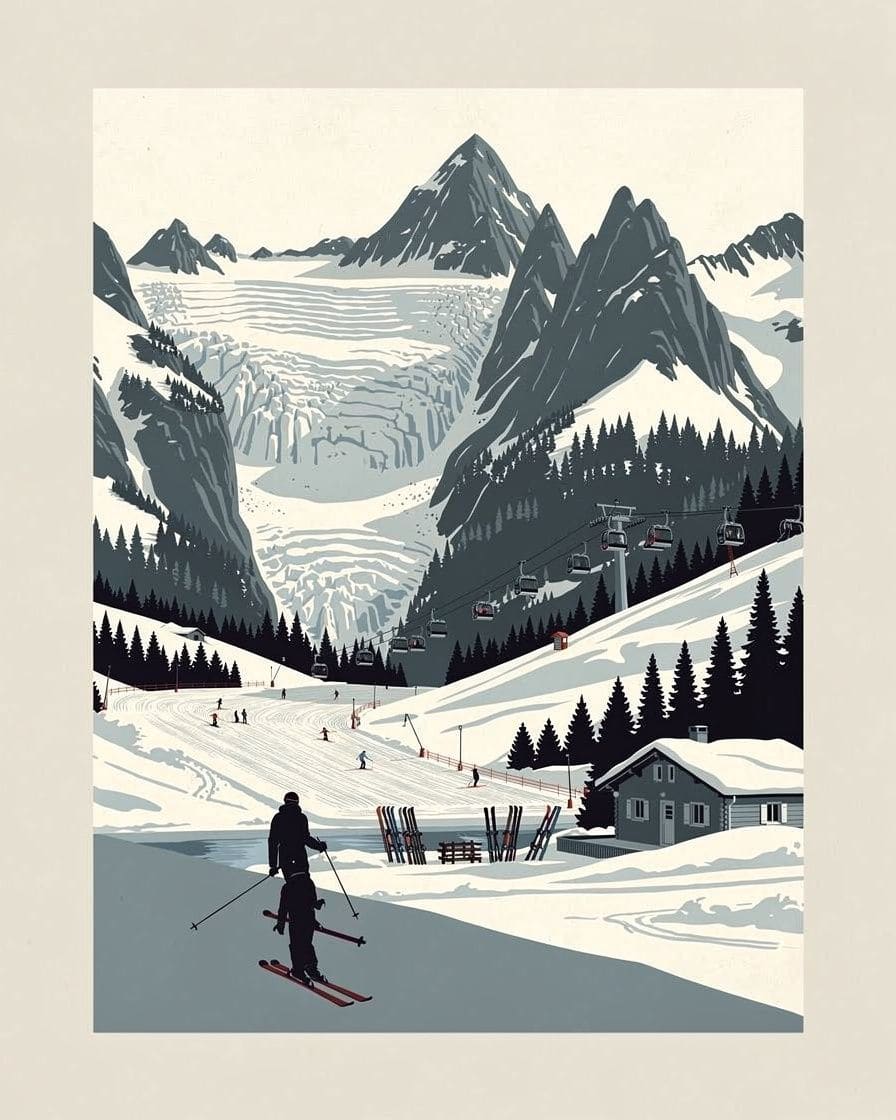 Illustration&nbsp;: Skieurs sur une piste au-dessus d'Argentière, glacier et séracs tout proches, ambiance de haute montagne dans la vallée de Chamonix