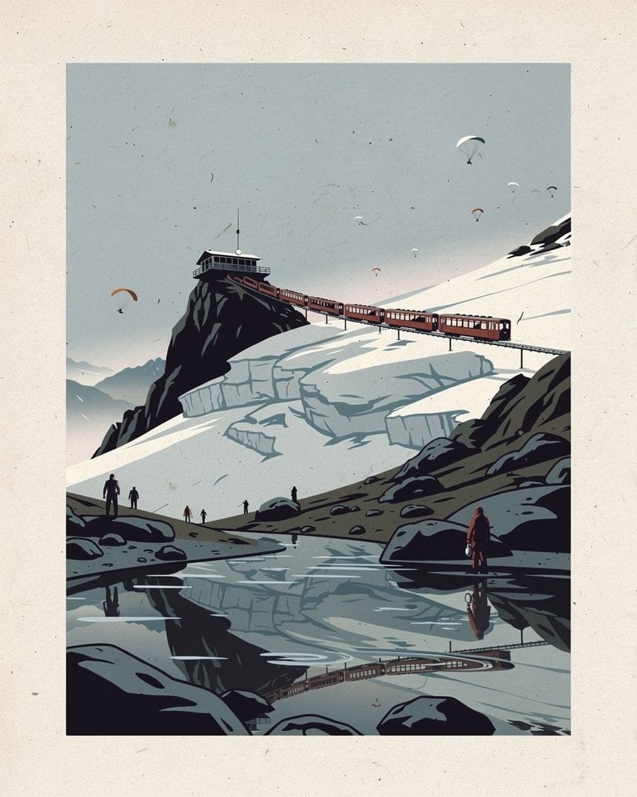 Illustration: the Bionnassay glacier seen from the Nid d'Aigle, a crevassed tongue of ice below snowy domes, a stony path in the foreground