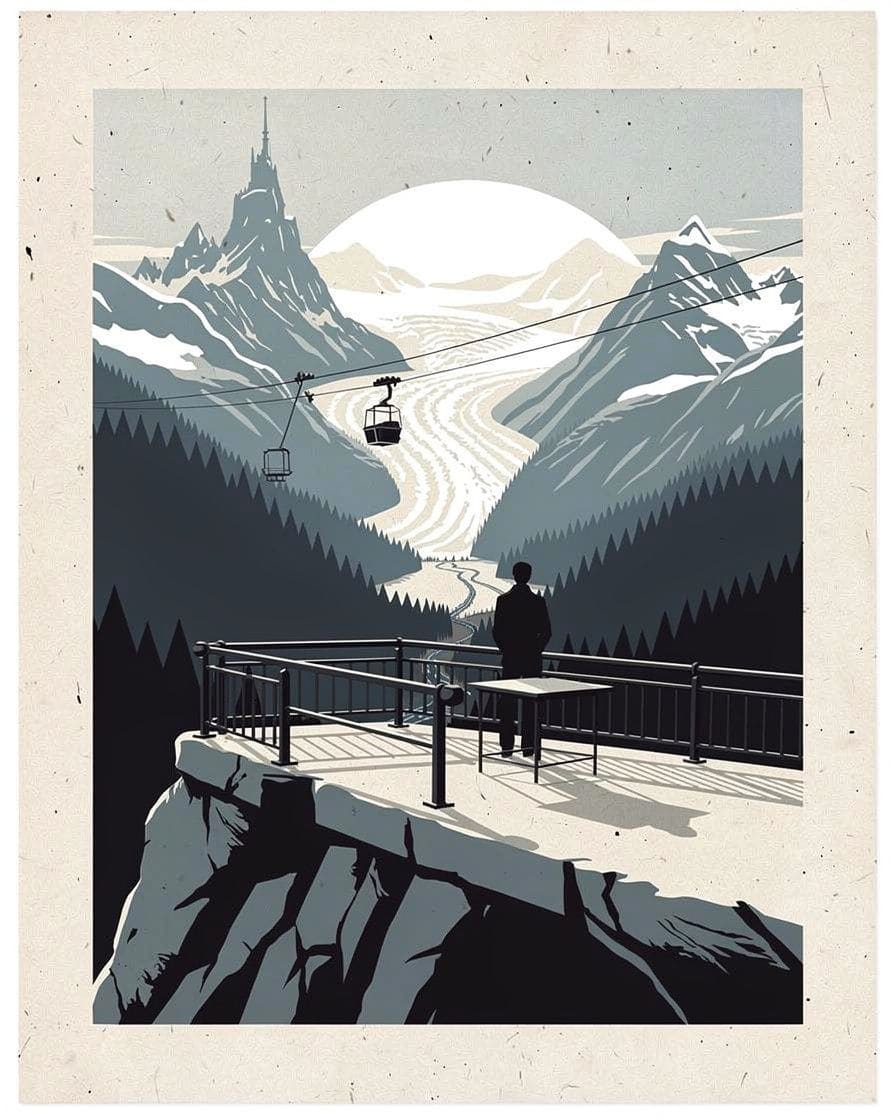 Illustration&nbsp;: Terrasse du sommet du Brévent face au massif du Mont-Blanc, l'Aiguille du Midi et les glaciers en pleine lumière de l'autre côté de la vallée