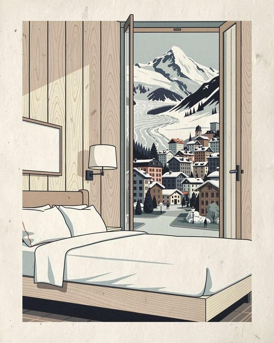 Illustration&nbsp;: Chambre d'hôtel lambrissée de bois clair à Chamonix, fenêtre ouverte sur les glaciers du massif du Mont-Blanc