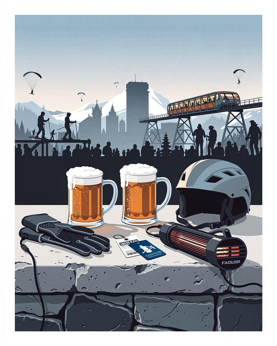 Illustration&nbsp;: Terrasse chauffée d'un bar d'après-ski dans le centre de Chamonix à la tombée de la nuit, skieurs en doudoune et chopes de bière