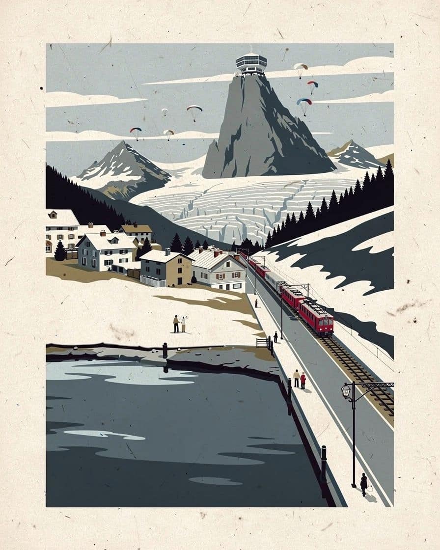 Illustration&nbsp;: Rue du Docteur-Paccard à Chamonix la nuit sous la neige, enseignes de bars éclairées et passants emmitouflés