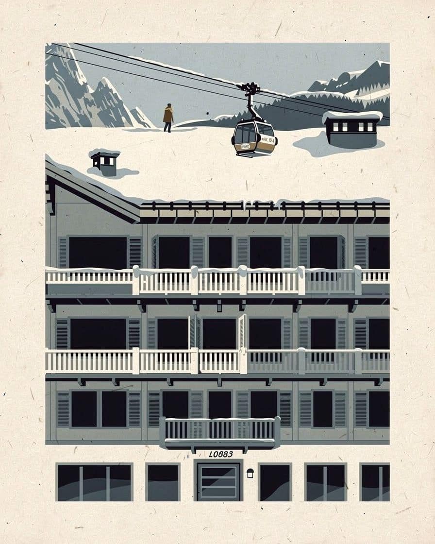 Illustration&nbsp;: Résidences de Chamonix Sud au pied de l'Aiguille du Midi en hiver, balcons chargés de neige et téléphérique au-dessus des toits