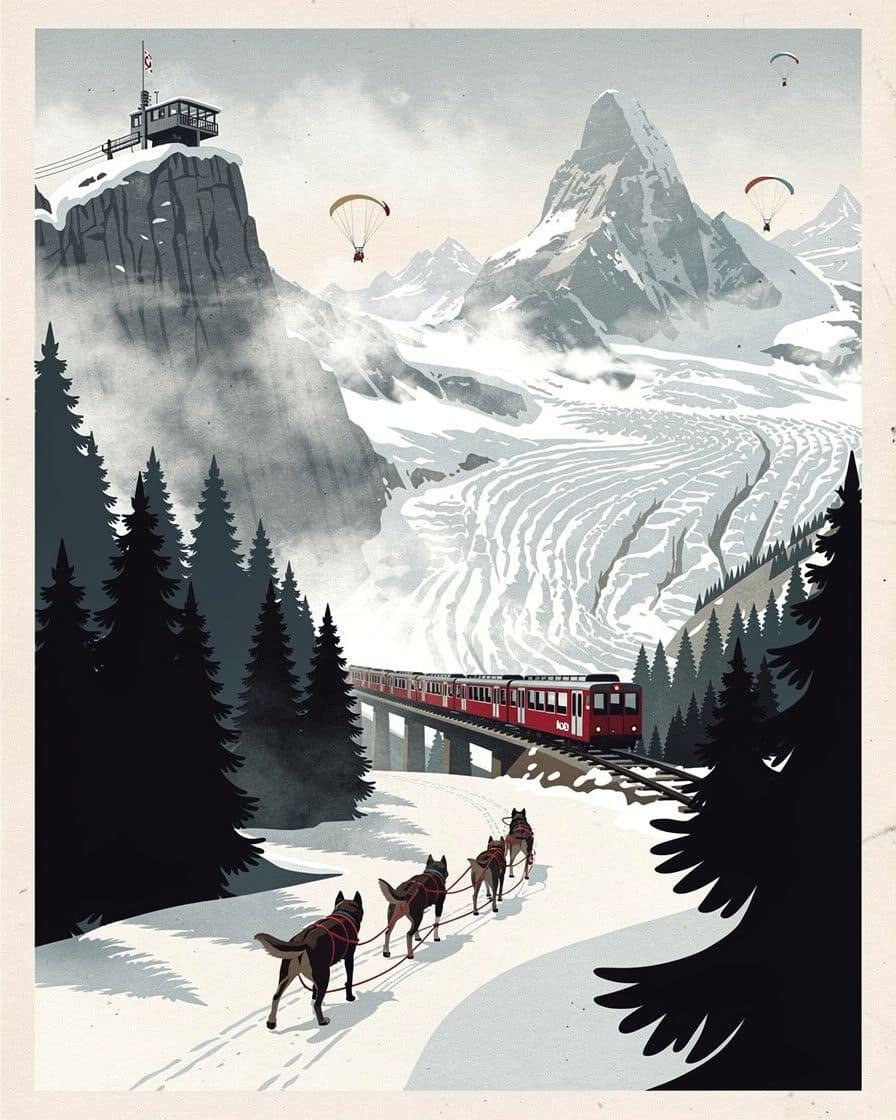 Illustration&nbsp;: Attelage de chiens de traîneau sur une piste enneigée de la vallée de Chamonix, forêt d'épicéas et sommets dans la brume