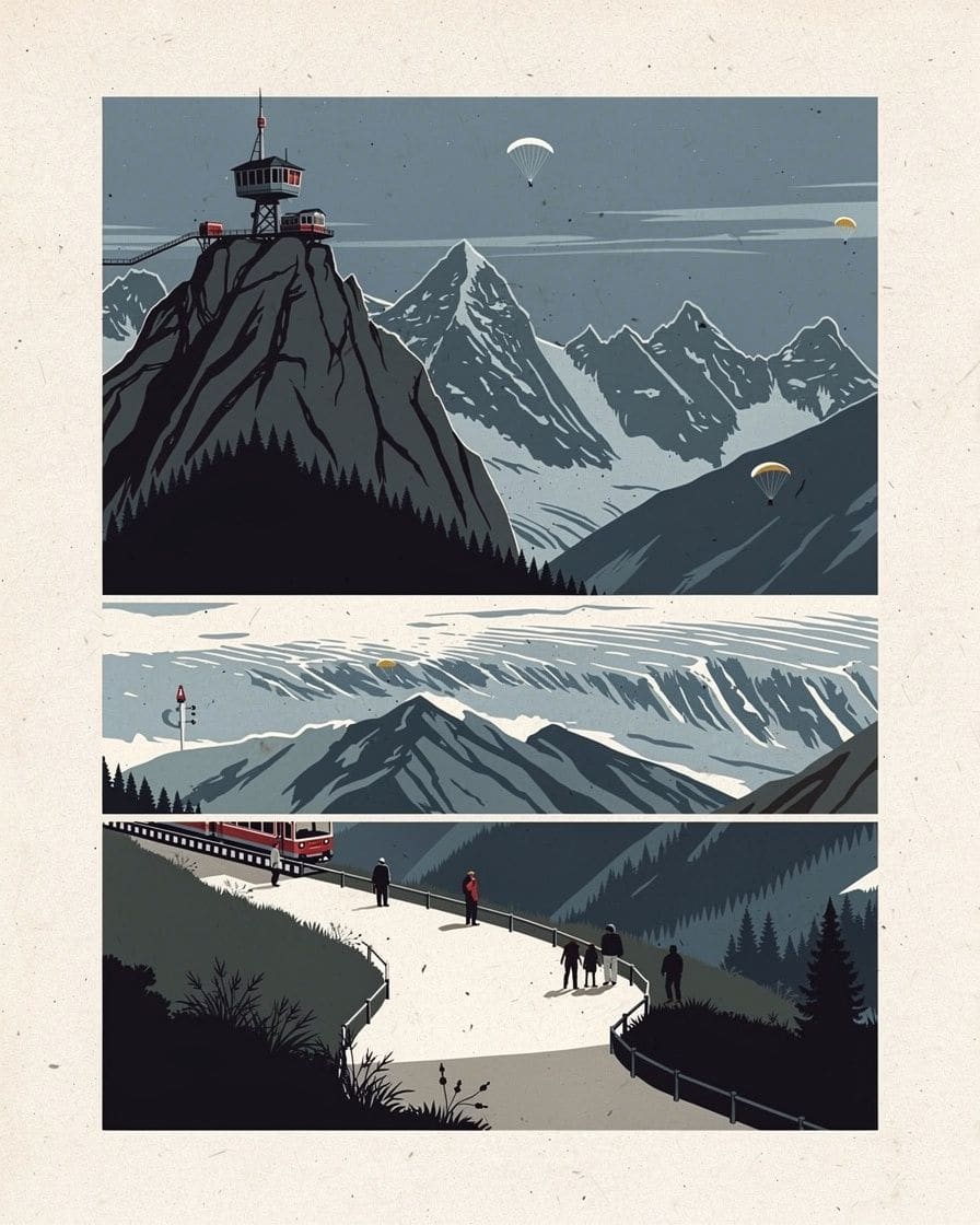 Illustration: the Italian Val Ferret above Courmayeur on the Tour du Mont Blanc, a path through the larches and the south face of the Grandes Jorasses