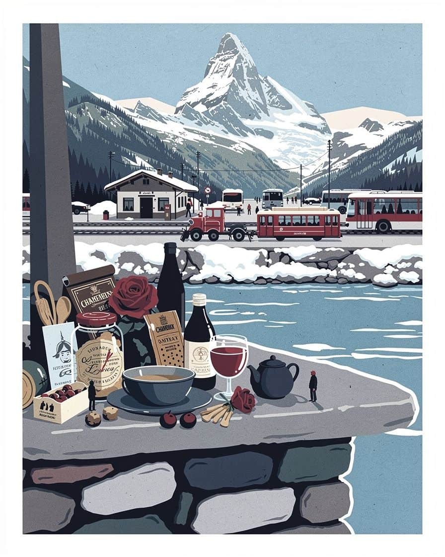Illustration: snowplough clearing a Chamonix street in the early morning, parked cars covered in snow along the pavements