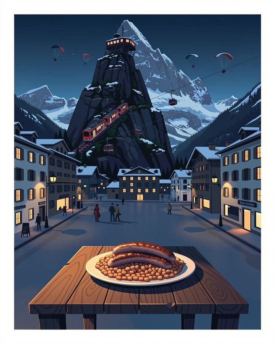 Illustration&nbsp;: Assiette de diots de Savoie cuits au vin blanc servis avec des crozets au sarrasin, sur une table en bois d'un restaurant de Chamonix