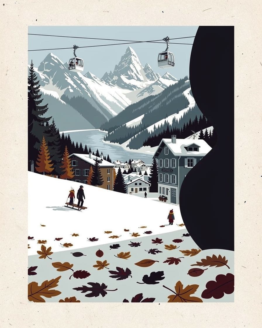 Illustration: two children in ski suits sledging down a gentle snowy slope in Chamonix, parents following on foot