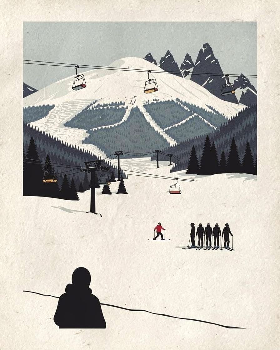Illustration: group of adult skiers in a group lesson in Chamonix, an instructor in the red suit of the French ski school demonstrating a turn