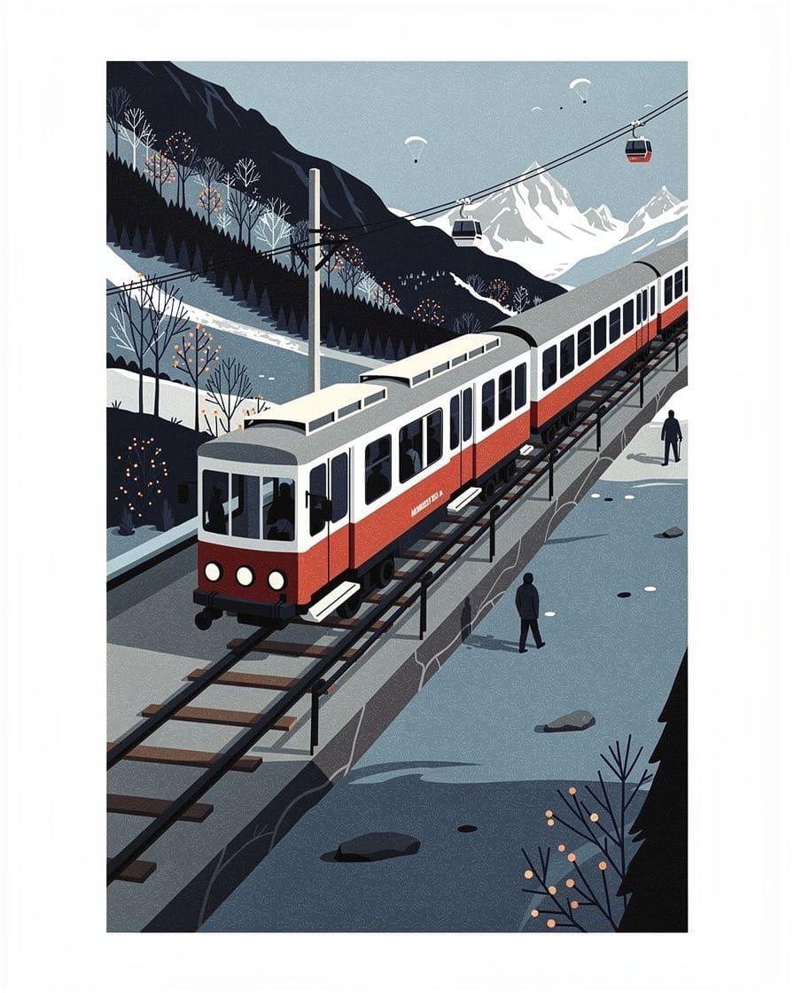 Illustration: a red and white Mont Blanc Tramway train at the platform, wooded slopes and snowy peaks behind