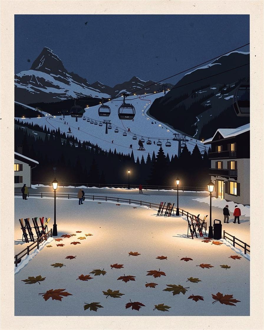 Illustration&nbsp;: Skieurs qui patientent au départ d'une télécabine de la vallée de Chamonix un matin de vacances, skis sur l'épaule