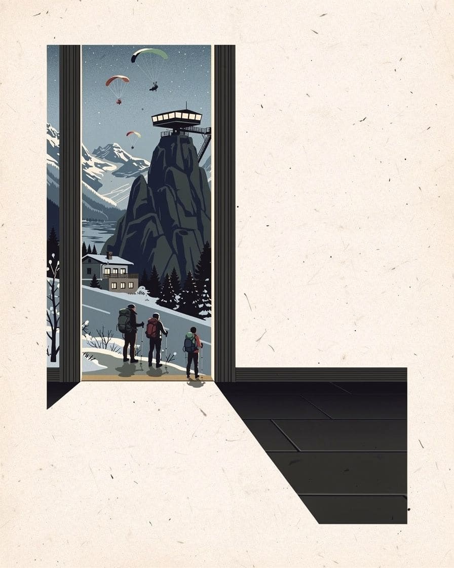Illustration: the Index chairlift above La Flégère in summer, hikers with backpacks and the scree of the Aiguilles Rouges
