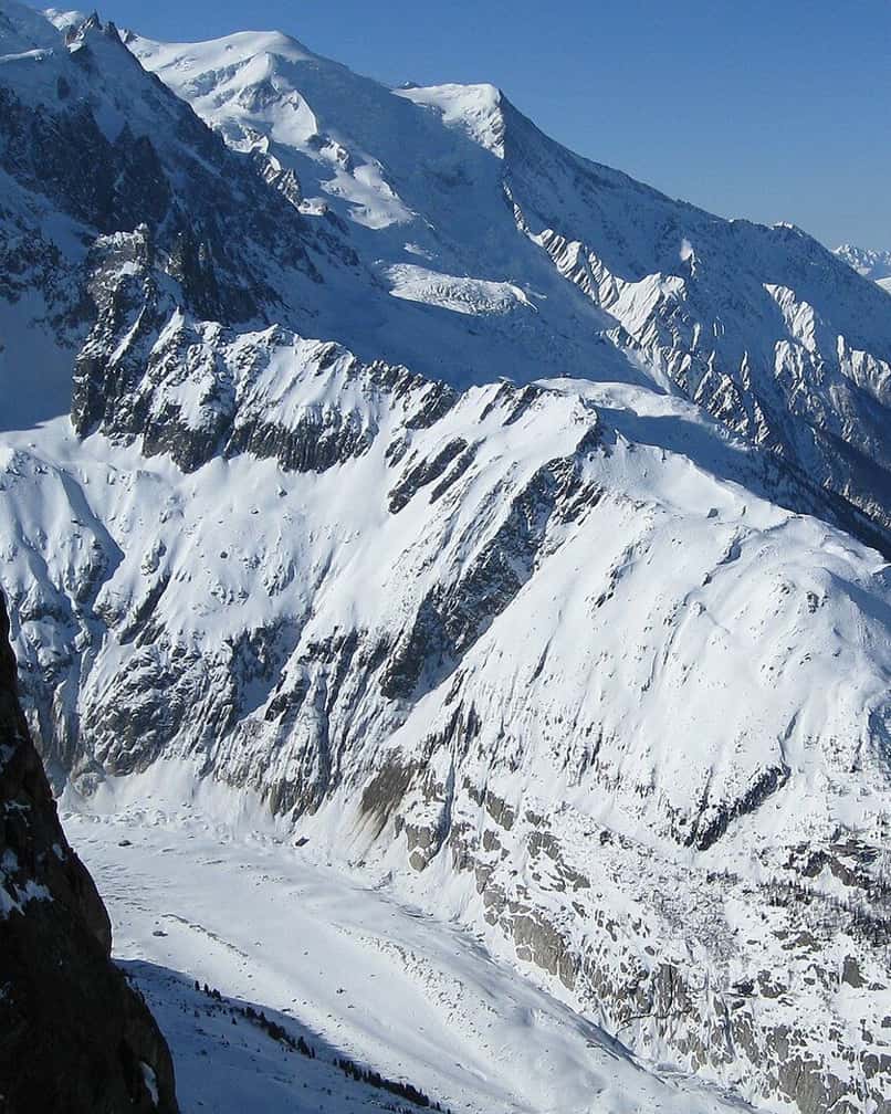 The Chamonix valley and the Mont Blanc massif seen from the Grands Montets ski area in Argentière