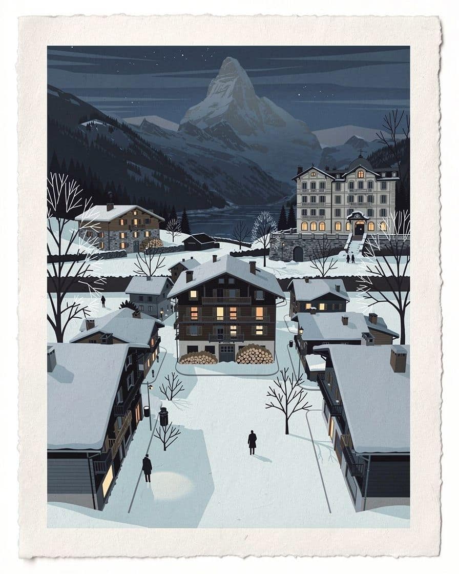 Illustration&nbsp;: Chalets en bois du Hameau Albert 1er dans leur jardin enneigé à Chamonix, fenêtres éclairées et aiguilles du massif au-dessus