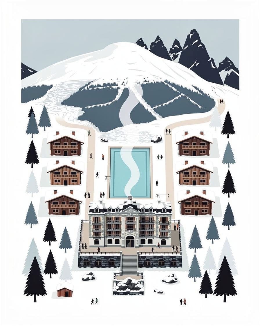 Illustration&nbsp;: Piscine extérieure chauffée d'un hôtel de luxe de Chamonix, vapeur au-dessus de l'eau, chalets en bois et sapins enneigés autour