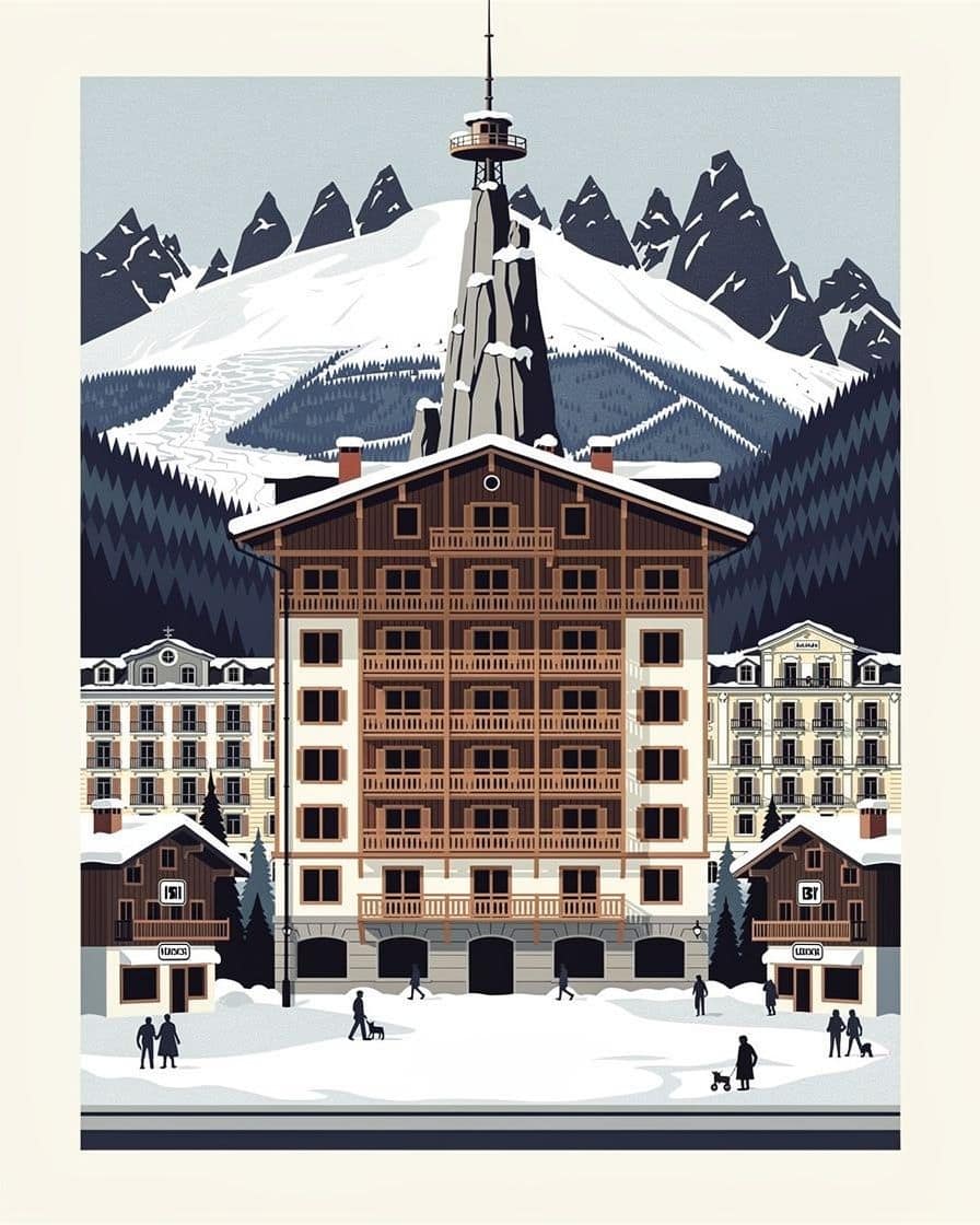 Illustration&nbsp;: Façade d'un hôtel de montagne à balcons de bois dans le centre de Chamonix sous la neige, Aiguille du Midi au-dessus des toits