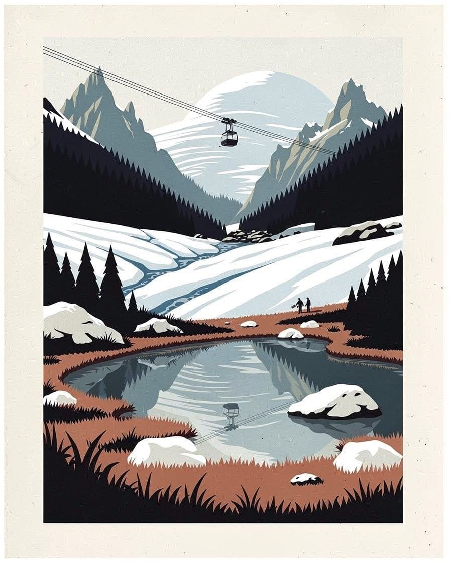 Illustration: a small Chéserys lake among the rocks of the Aiguilles Rouges, reflections of the Aiguille Verte and tufts of russet grass at the water's edge