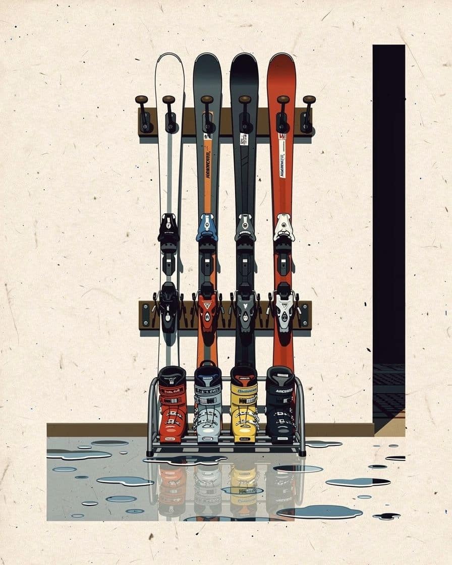 Illustration&nbsp;: Local à skis d'un chalet de la vallée de Chamonix, skis rangés en râtelier et chaussures sur un sèche-chaussures chauffant
