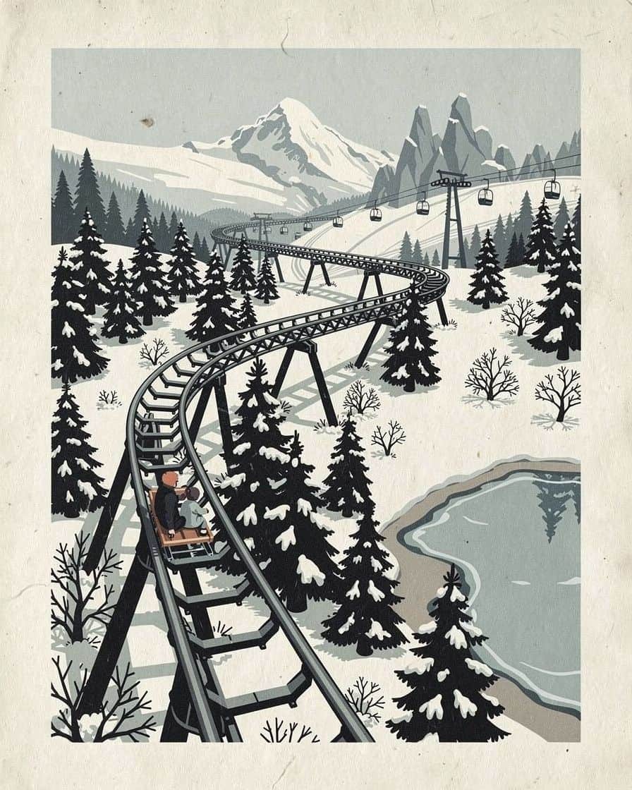 Illustration: the Planards alpine coaster in Chamonix running between snowy fir trees, a parent and a child on board