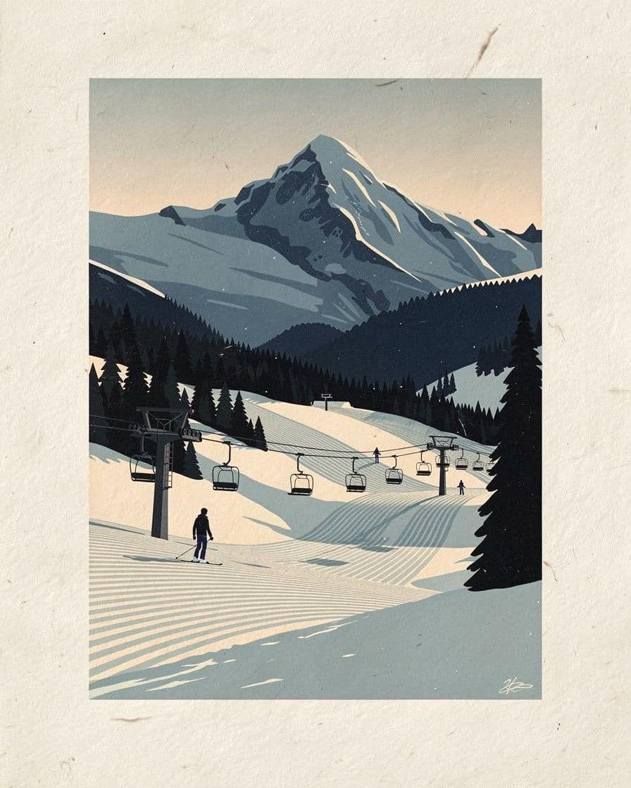Illustration: a ski instructor and his adult pupil on a red run above Chamonix, the Mont Blanc massif in the sun behind them