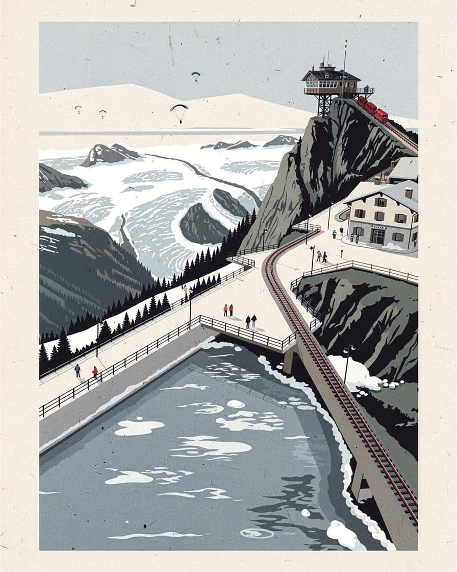 Illustration&nbsp;: Terrasse du Montenvers face à la Mer de Glace et aux Grandes Jorasses, randonneurs attablés au soleil près du Grand Hôtel en pierre
