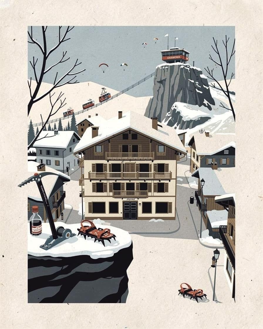 Illustration&nbsp;: Façade du musée Alpin dans le centre de Chamonix, ancien palace aux volets clairs, un jour de pluie fine