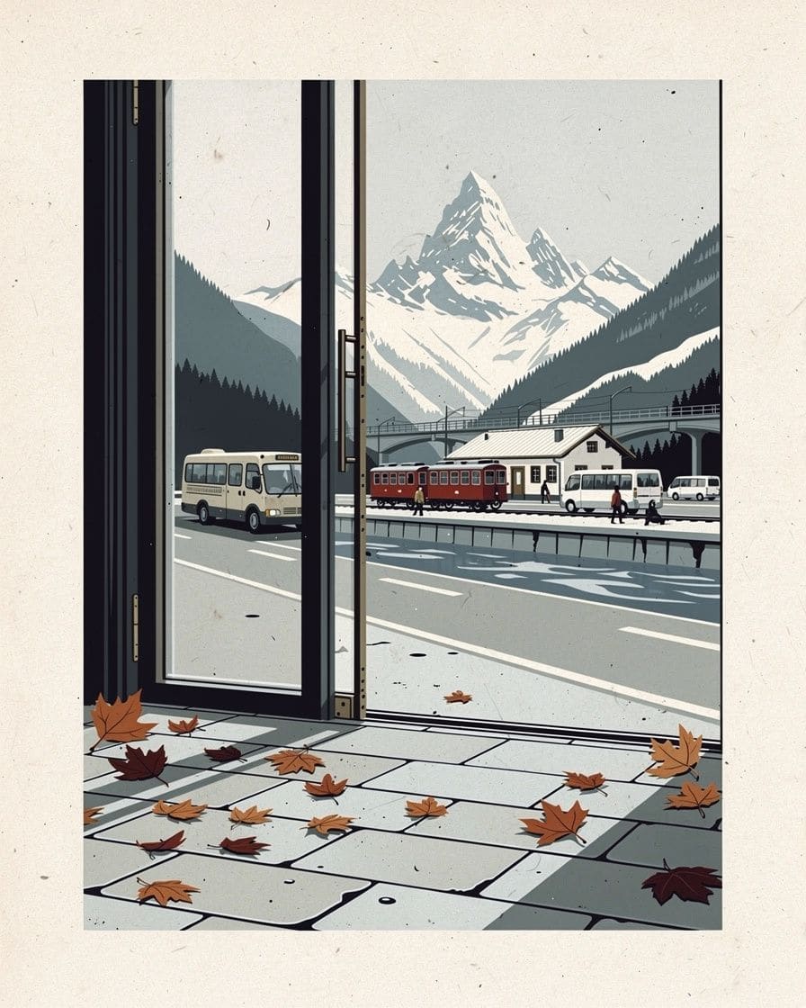 Illustration&nbsp;: Minibus de transfert sur l'autoroute Blanche en direction de Chamonix, massif du Mont-Blanc enneigé droit devant sous un ciel d'hiver