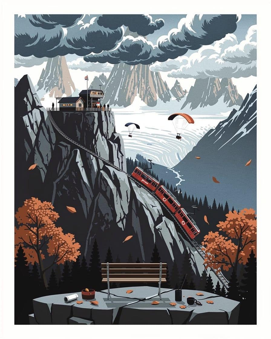 Illustration: storm clouds building in the afternoon over the needles above Chamonix, a deserted ridge path in the foreground