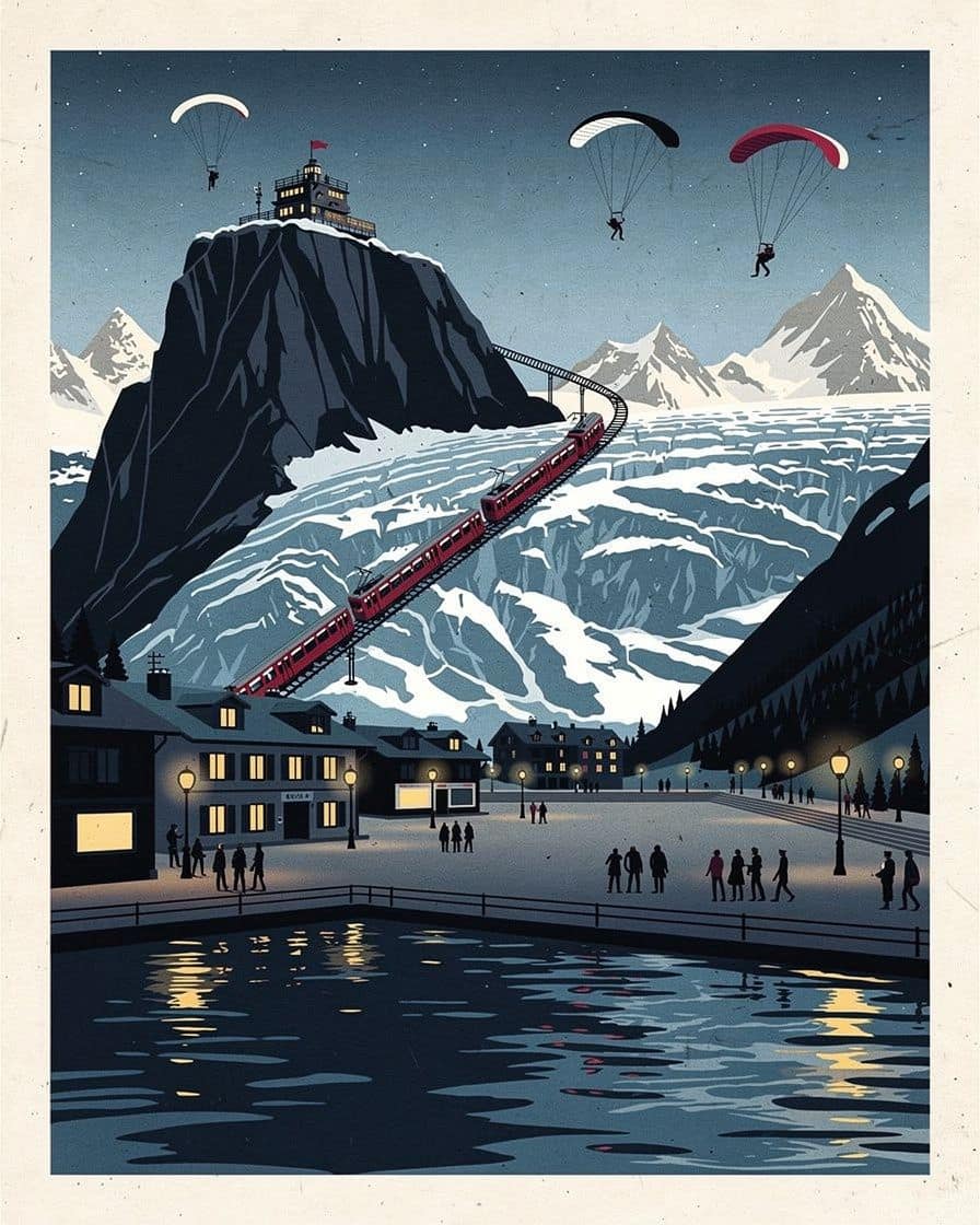Illustration&nbsp;: Deux parapentes en vol au-dessus de la vallée de Chamonix, forêts et toits de la ville en dessous, Aiguille du Midi en face