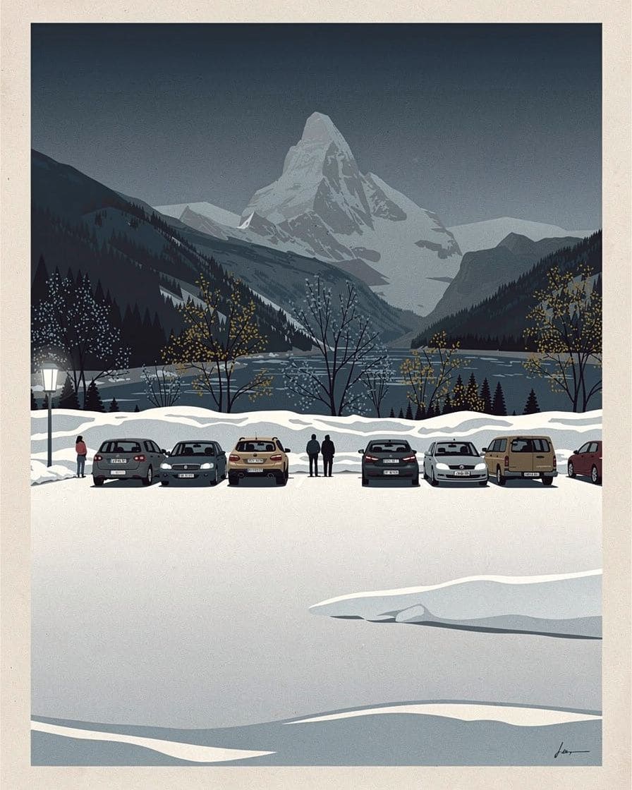 Illustration: open-air car park at the entrance to Chamonix in winter, cars lined up between snowbanks, with the granite needles of the Mont Blanc massif behind