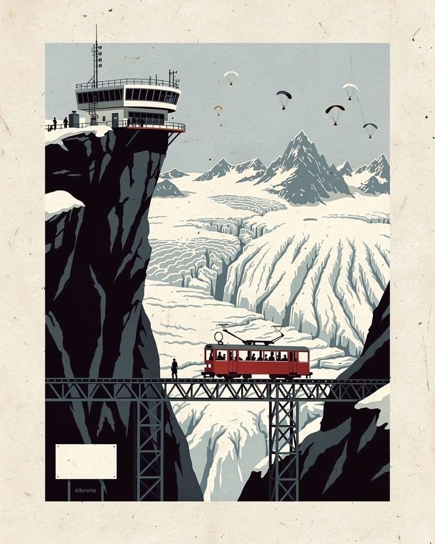 Illustration&nbsp;: Terrasse panoramique de la Pointe Helbronner, visiteurs face aux Grandes Jorasses et au glacier du Géant sous un ciel limpide