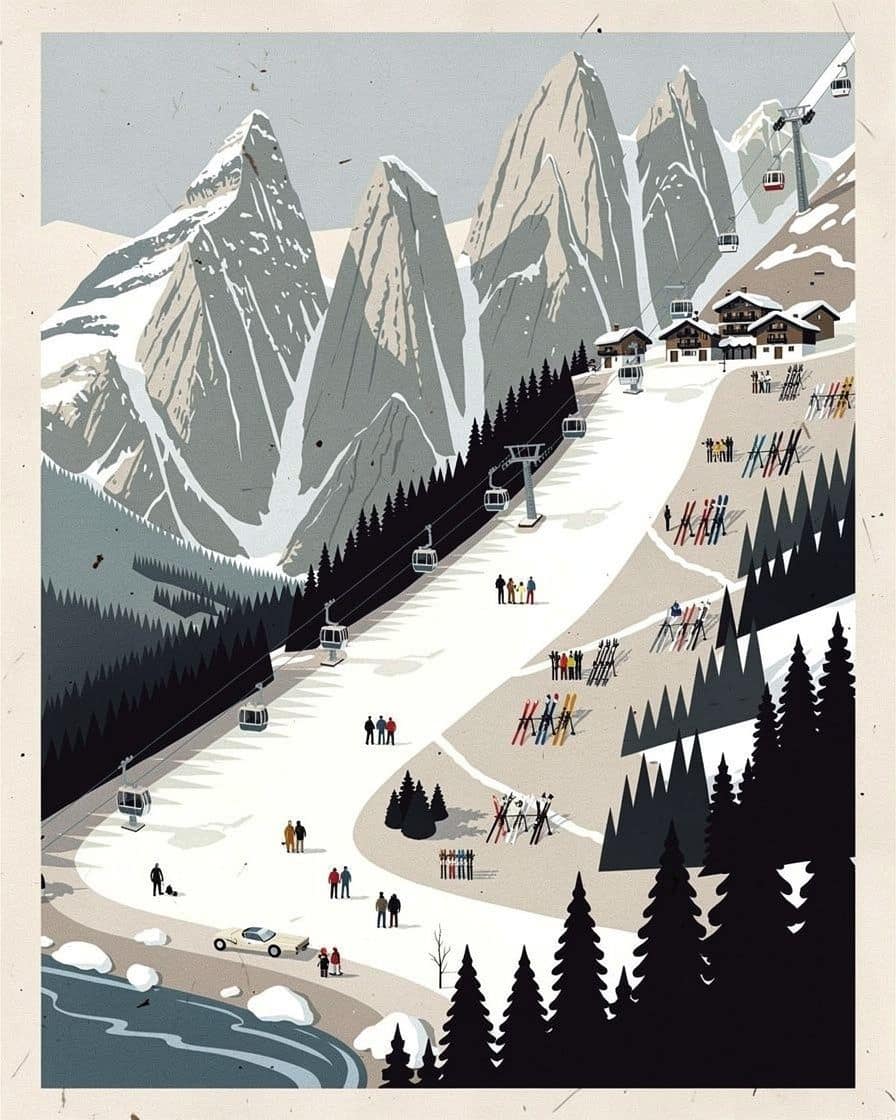 Illustration: living room of a family apartment in Chamonix, ski suits drying near a stove and a window open onto snowy peaks