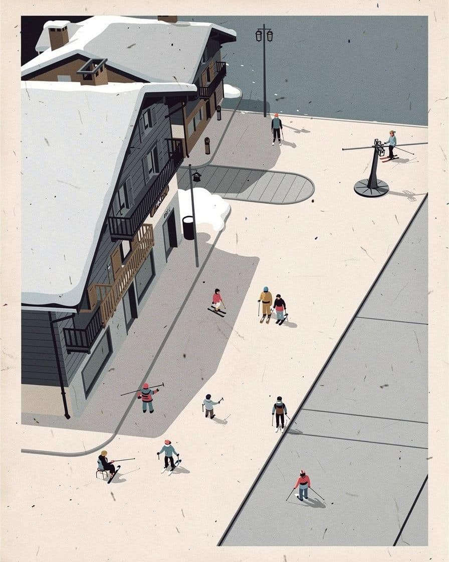 Illustration: the Savoy beginner area in central Chamonix, small drag lifts, children and instructors at the foot of the snowy Brévent