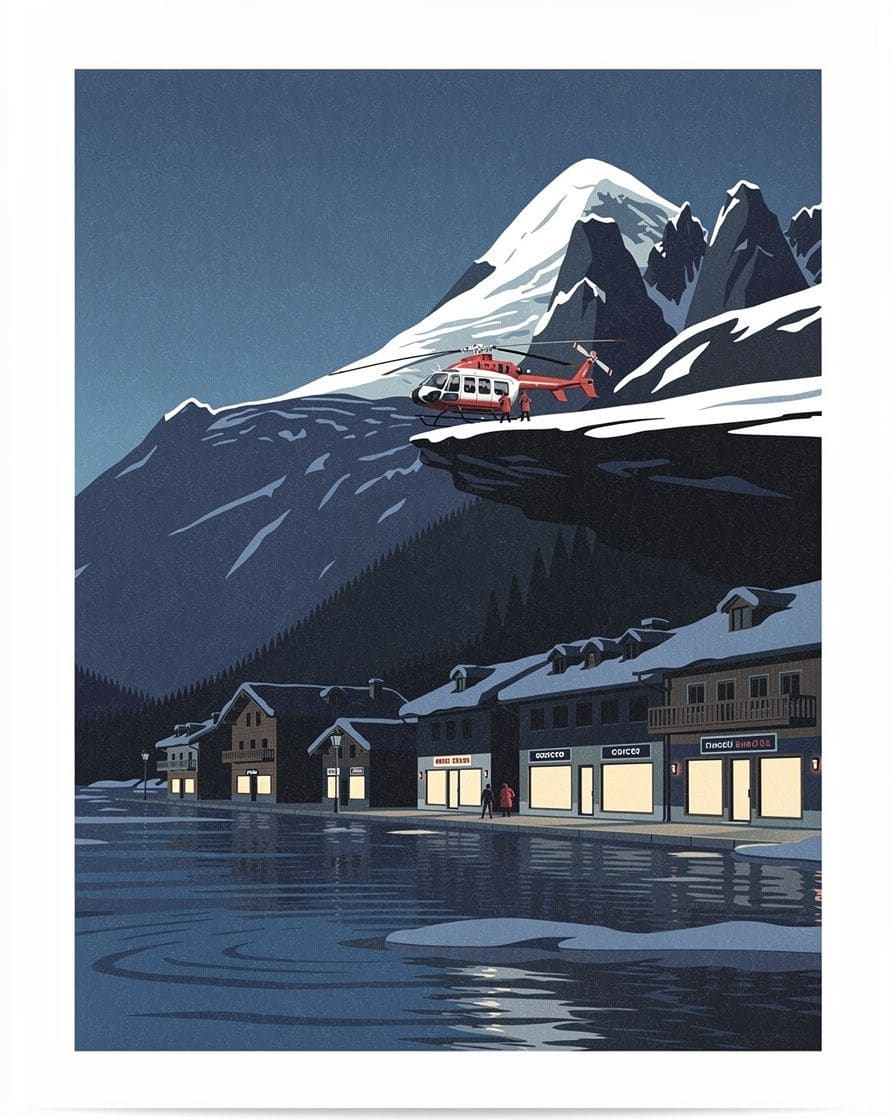 Illustration: mountain rescue helicopter landed on a snowy ledge above the Chamonix valley, rescuers in red gear