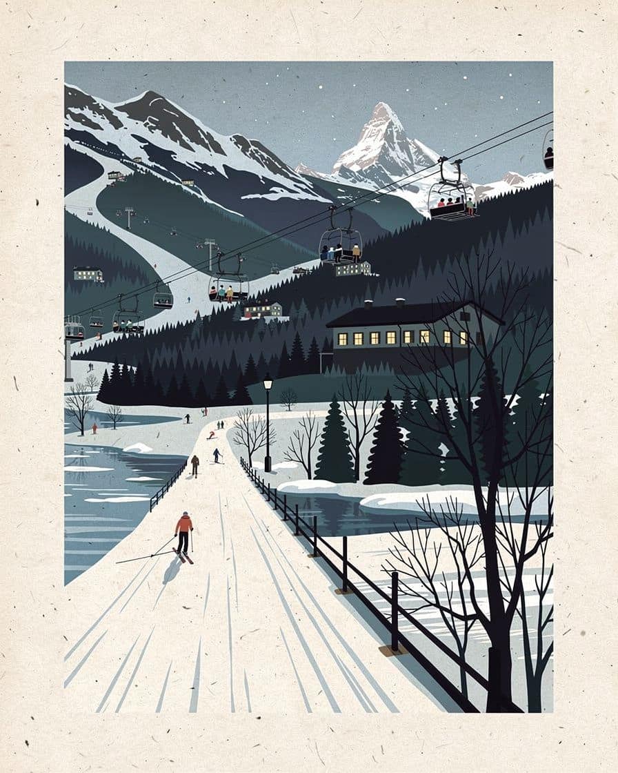 Illustration&nbsp;: Skieurs en tenue légère sur une piste ensoleillée de la vallée de Chamonix au printemps, neige transformée et sommets enneigés en face