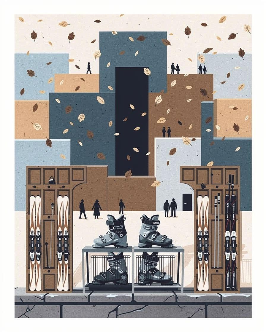 Illustration&nbsp;: Local à skis d'hôtel de luxe, chaussures alignées sur des sèche-chaussures chauffants et skis rangés dans des casiers en bois