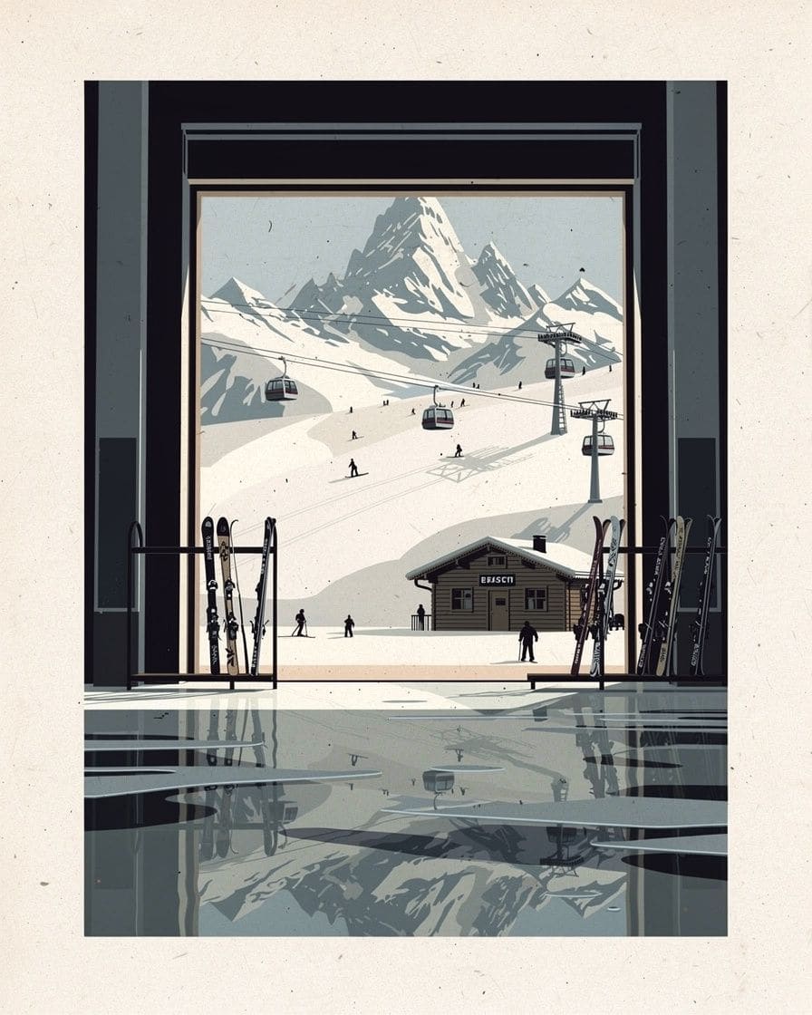 Illustration&nbsp;: Navette Skibus de Chamonix à un arrêt au pied des pistes, skieurs en chaussures qui montent avec leurs skis, neige tassée sur le trottoir