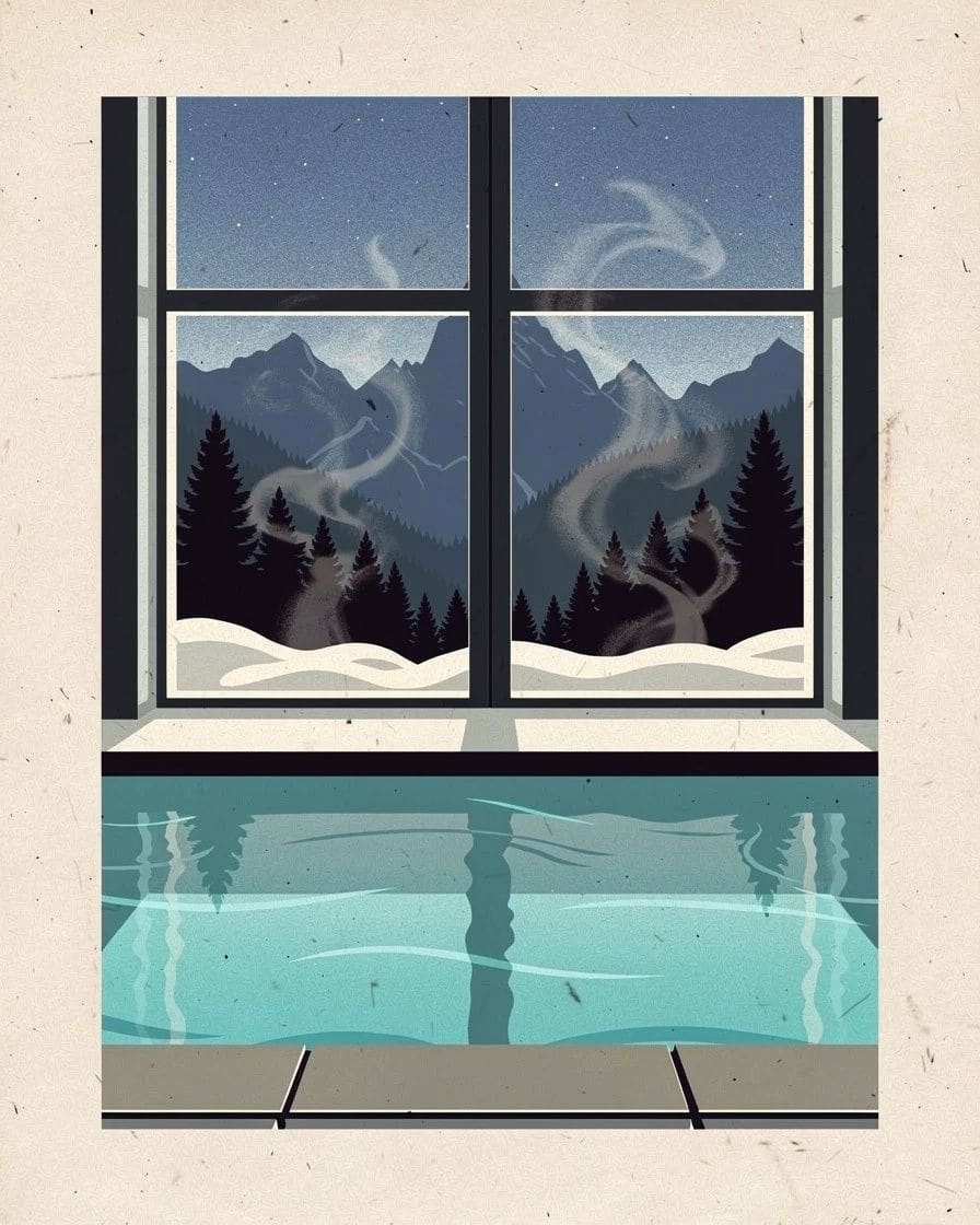Illustration&nbsp;: Piscine intérieure d'un hôtel spa de Chamonix, grande baie vitrée ouverte sur les sapins enneigés et les sommets