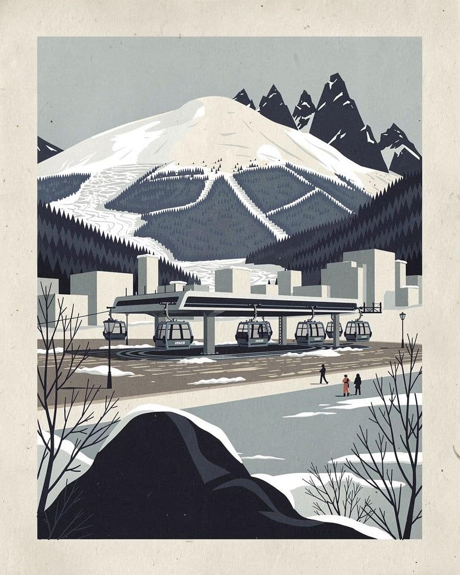 Illustration: gondola cabins lined up in the station in the early morning, lift staff in uniform getting the Chamonix valley slopes ready to open
