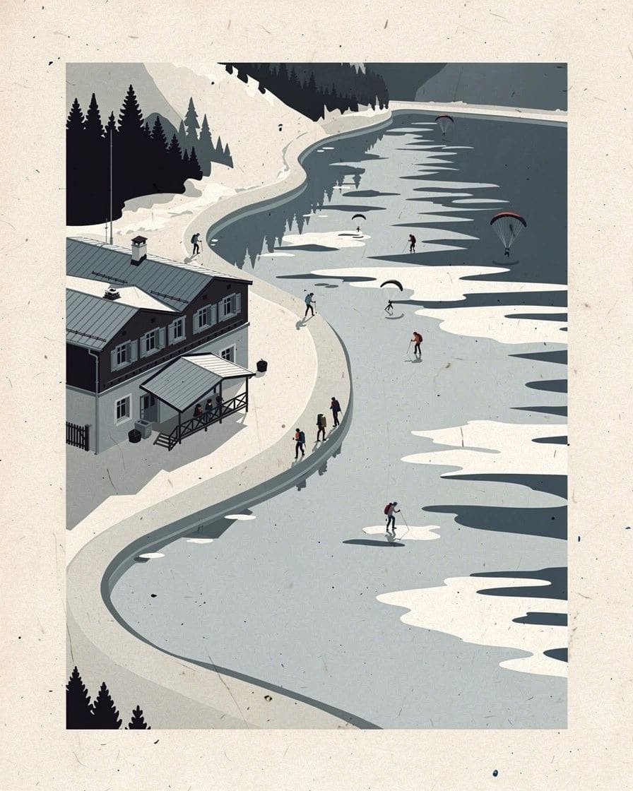 Illustration&nbsp;: Le refuge de Tête Rousse au bord de son glacier sur la voie normale du Mont-Blanc, alpinistes qui montent vers le couloir du Goûter