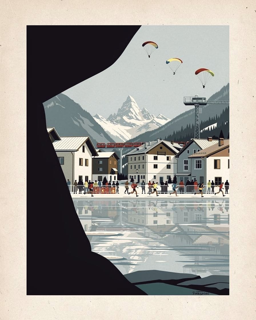 Illustration&nbsp;: Foule de coureurs de trail frontales sur la tête au départ de l'UTMB dans le centre de Chamonix, spectateurs massés derrière les barrières