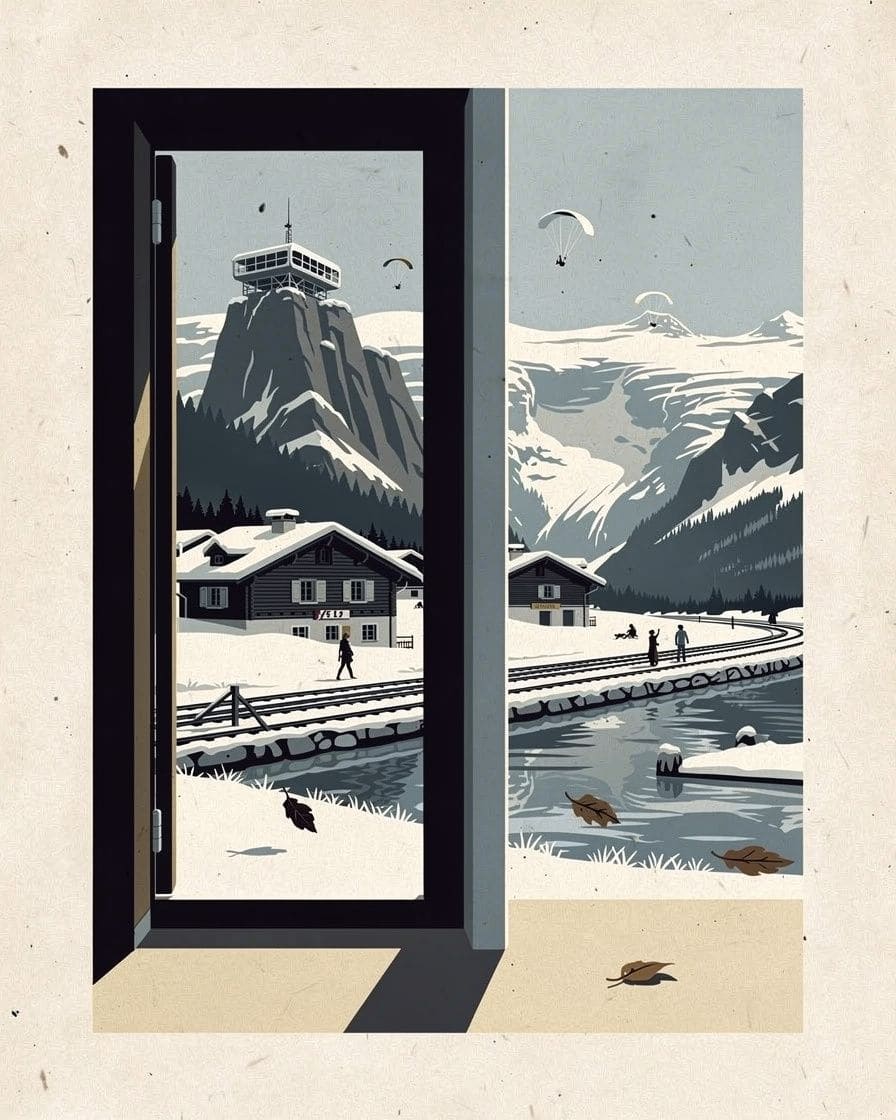 Illustration&nbsp;: Hameau de Vallorcine sous la neige, vieux chalets en bois sombre et voie du train Mont-Blanc Express qui traverse les prés blancs